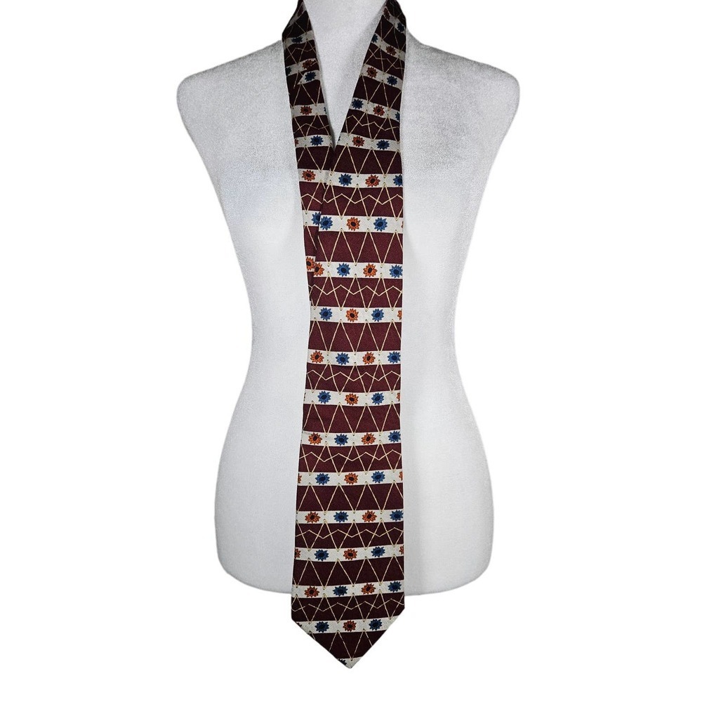 Vintage GUESS Men's Tie 100% Silk Red Orange Blue‎ Floral Abstract